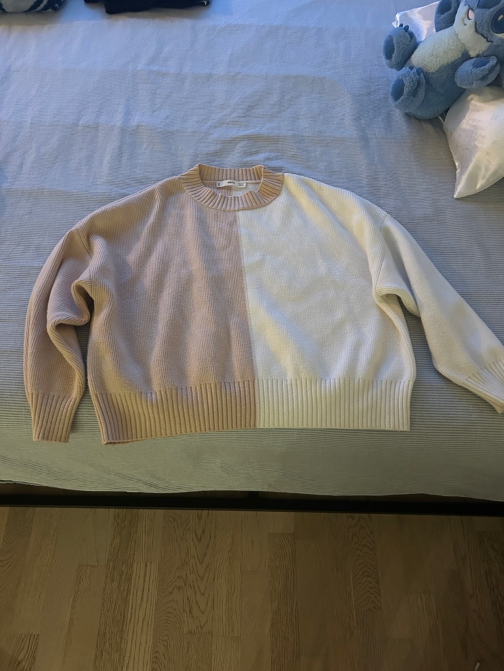 Mango Two-Tone Beige & Cream Colorblock Crewneck Sweater